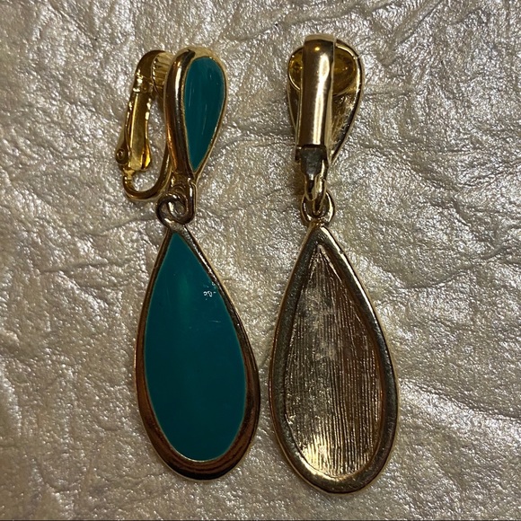 Vintage Teal Enamel Dangle Clip On Earrings - Picture 5 of 6